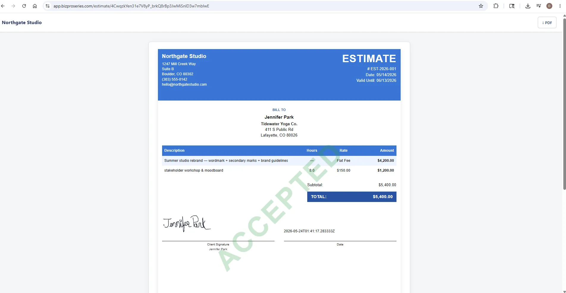 Accepted estimate showing client signature and audit trail